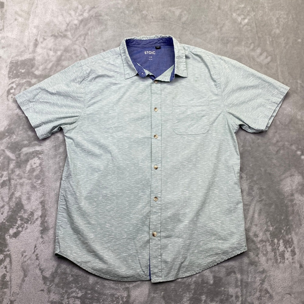 Stoic Print Stripe Short-Sleeve Button Up‎ Shirt Men Light Blue Striped Pocket L